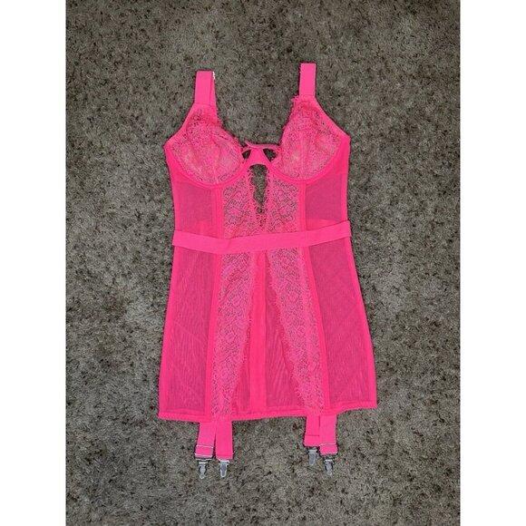 VICTORIA’S SECRET Neon Hot Pink Lace Garter Slip Corset Sexy Feminine Club 36C - Picture 1 of 7